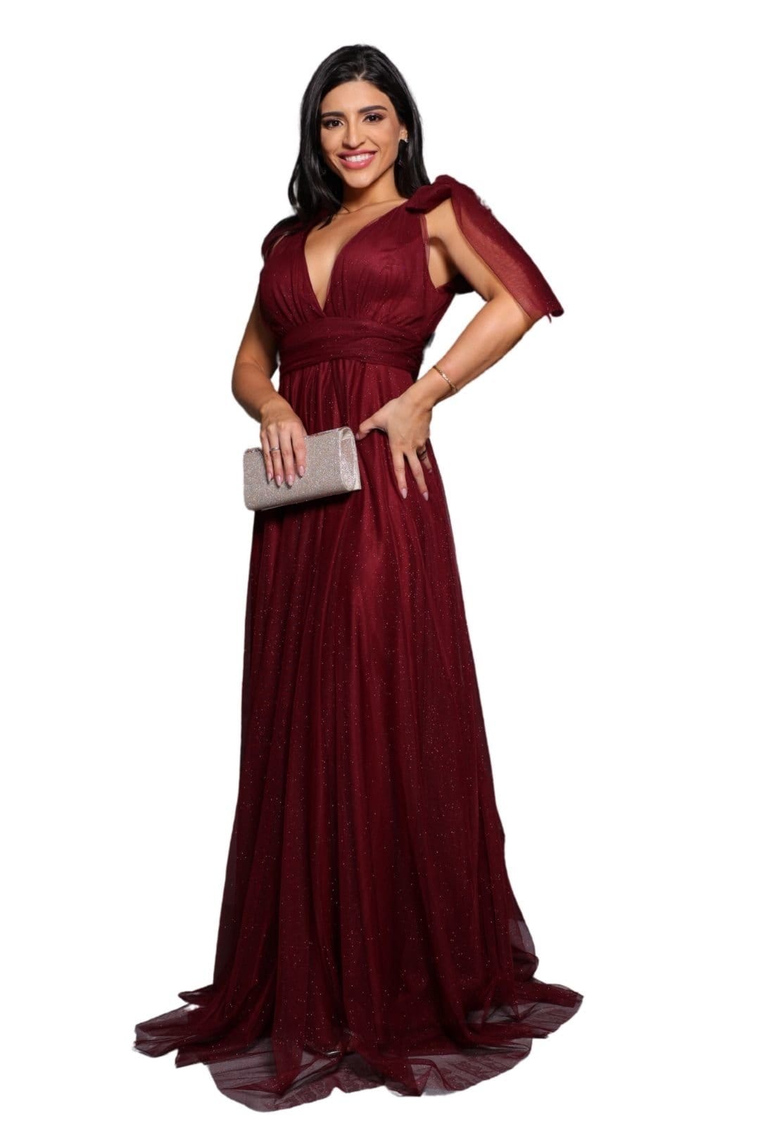 Vestido Longo de Festa Micro Tule com Brilho Madrinhas Decote em V Greice Marsala - 2