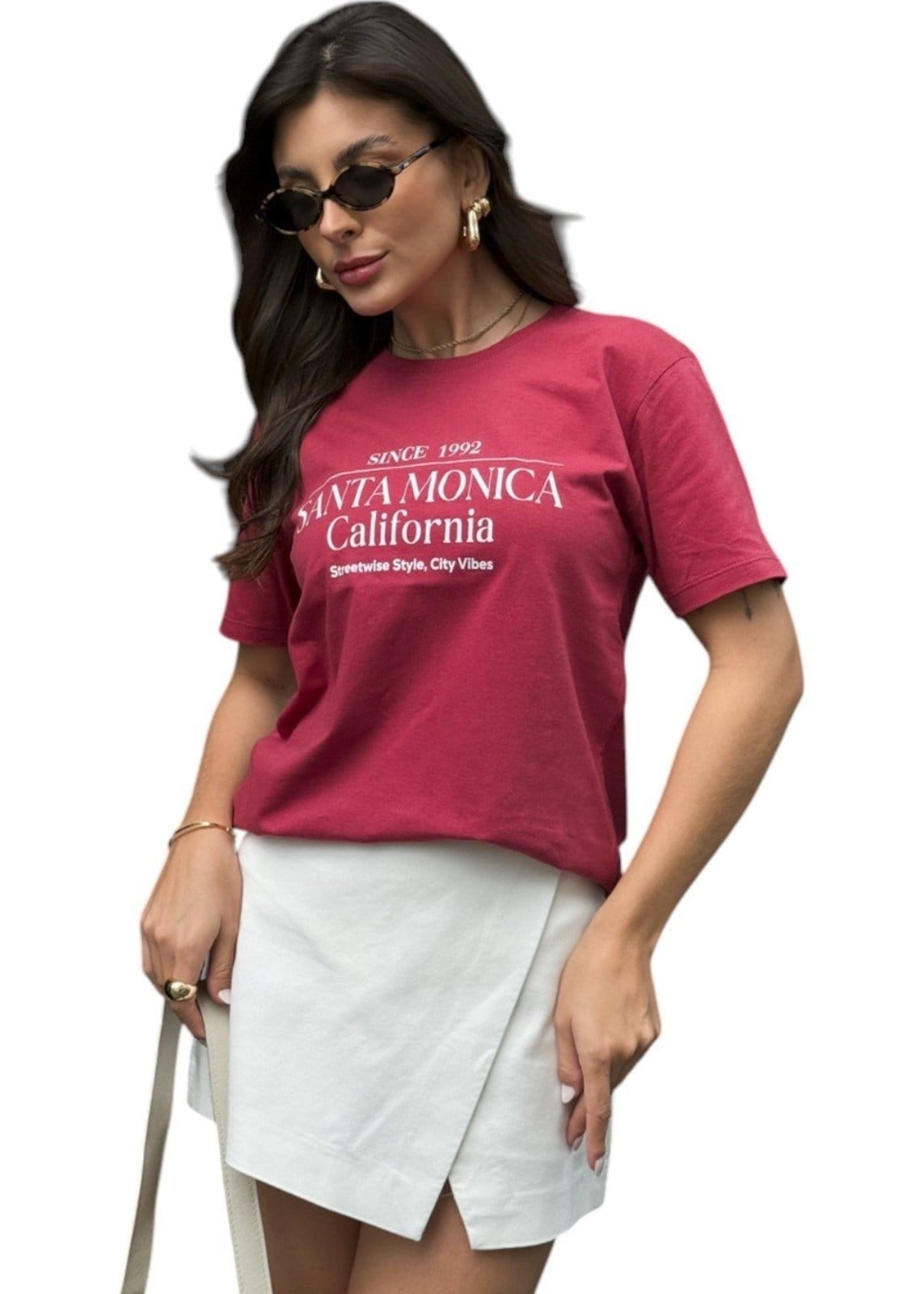 Camiseta Feminina Cianitas Cereja Estampa Santa Monica
