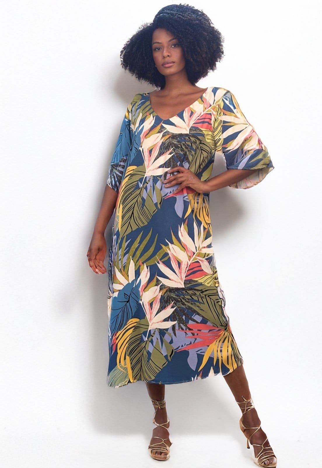 Vestido Midi Amazonia Vital Abapã Plano com Bolso Estampa Brisa Botânica