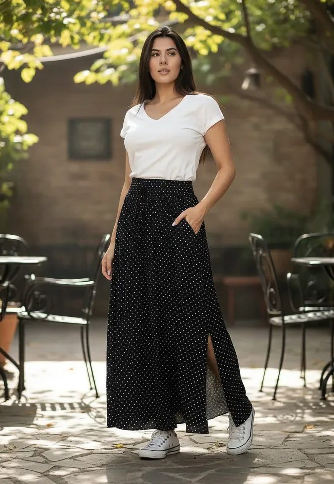 Saia Cabanafree Longa Viscose Preta Poá