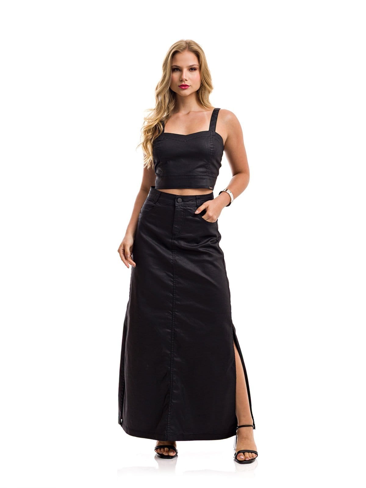 Vista 2 Saia Longa Restrito Jeans Resinada Com Elastano Restrito Jeans preto