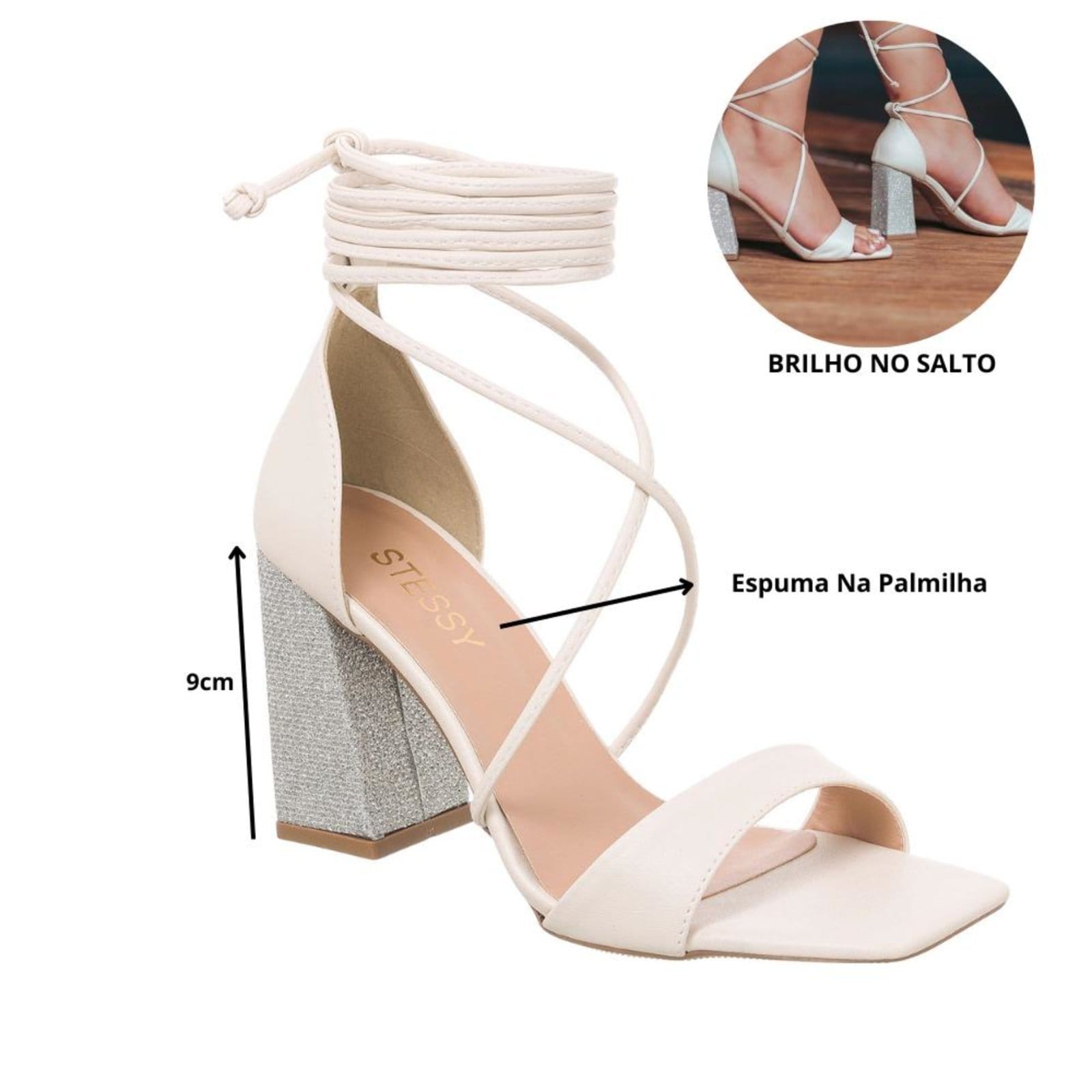 Vista 2 Sandália Feminina Brilho Strass Salto Alto Bloco Amarração Off White Com Metalizado Stessy Shoes off-white white