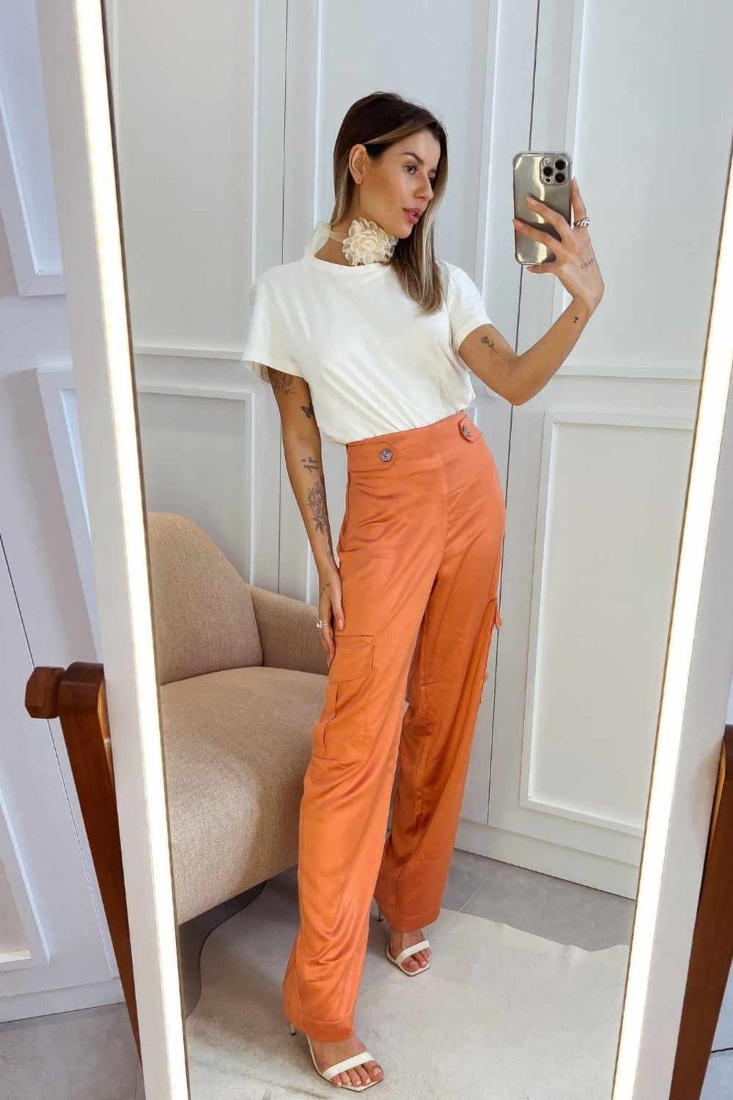 Vista 2 Calça Vanibele Cargo Salmão Vanibele rosa