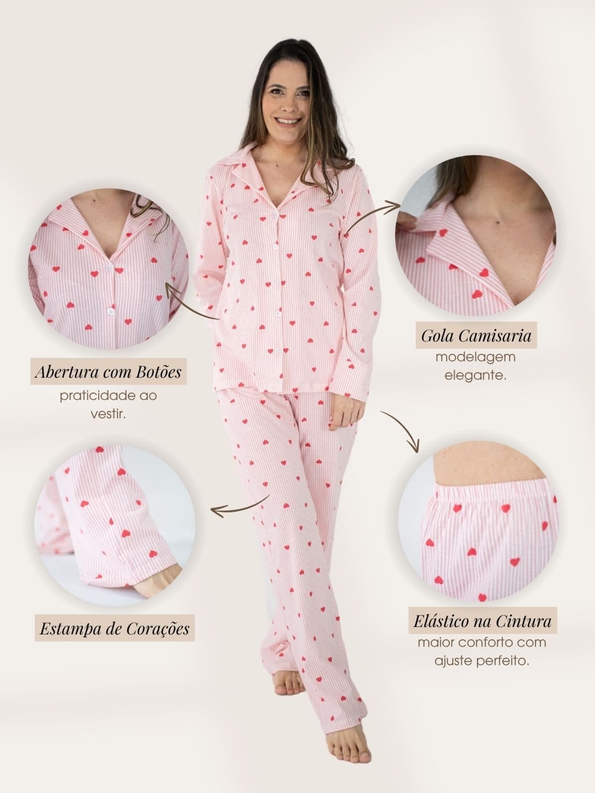 Vista 2 Pijama Algodão Americano Feminino Longo Piante Amanda Corações Listrado Piante rosa