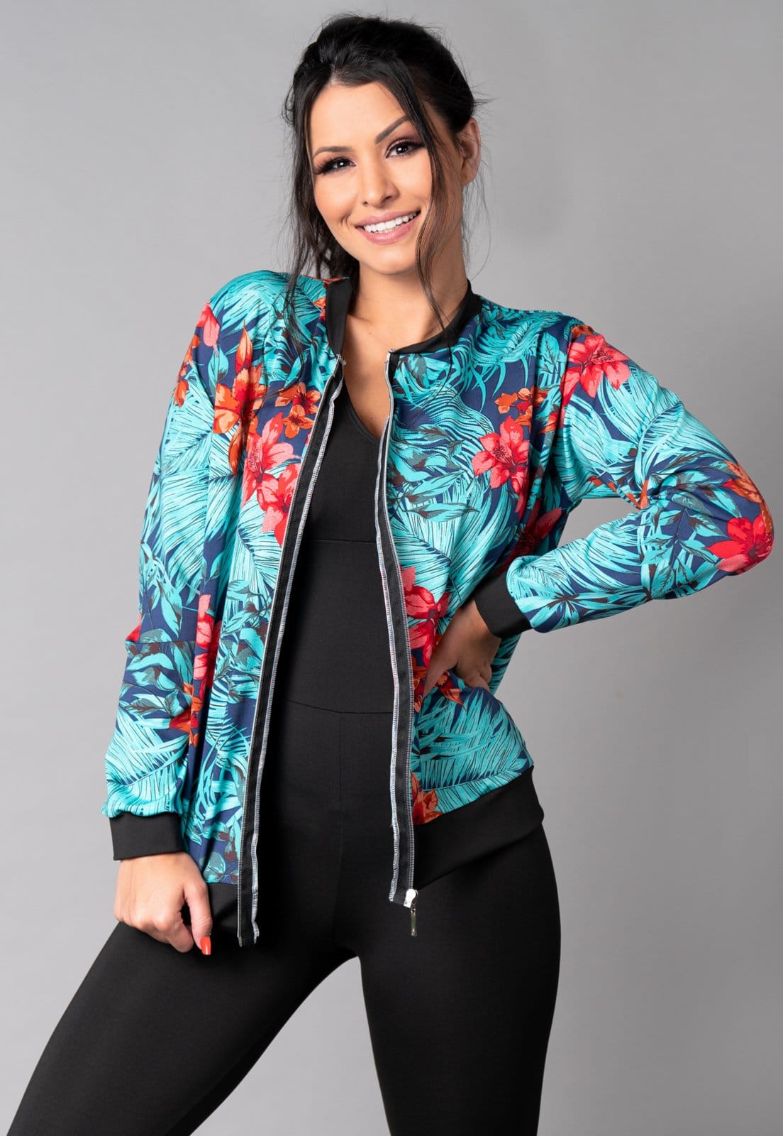 Vista 2 Casaco MVB Modas Jaqueta Bomber Zíper Suplex Amazonia Mvb Modas azul/estampado/multicolorido/verde