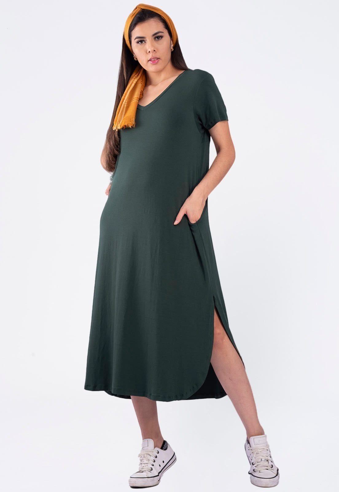 Vista 2 Vestido Amazonia Vital Midi Malha com Bolso Musgo Amazonia Vital verde