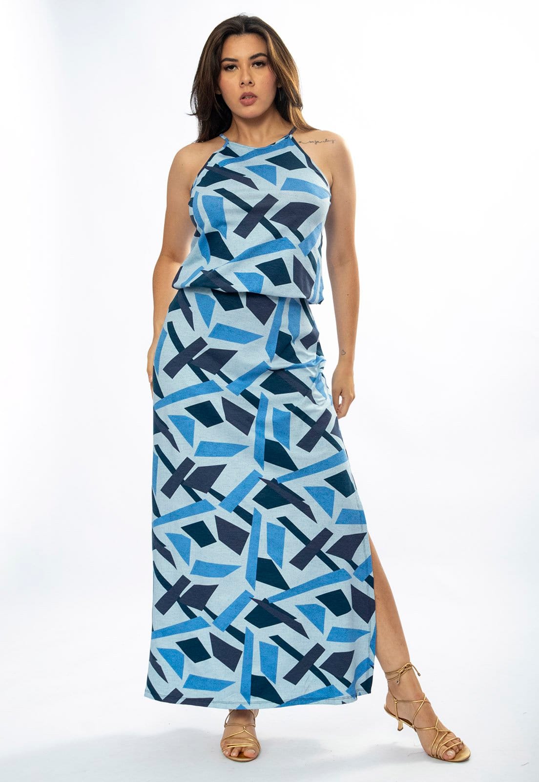 Vista 2 Vestido Longo Amazônia Vital Malha Trapézio com Elástico na Cintura Caminhos de Azul Amazonia Vital azul marinho