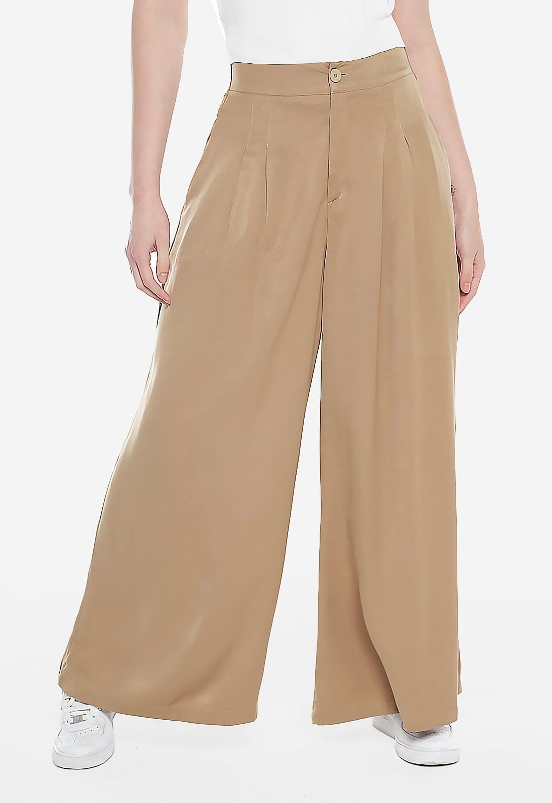 Calça Pantalona Bege Mocca com Pregas Feminina com Bolsos