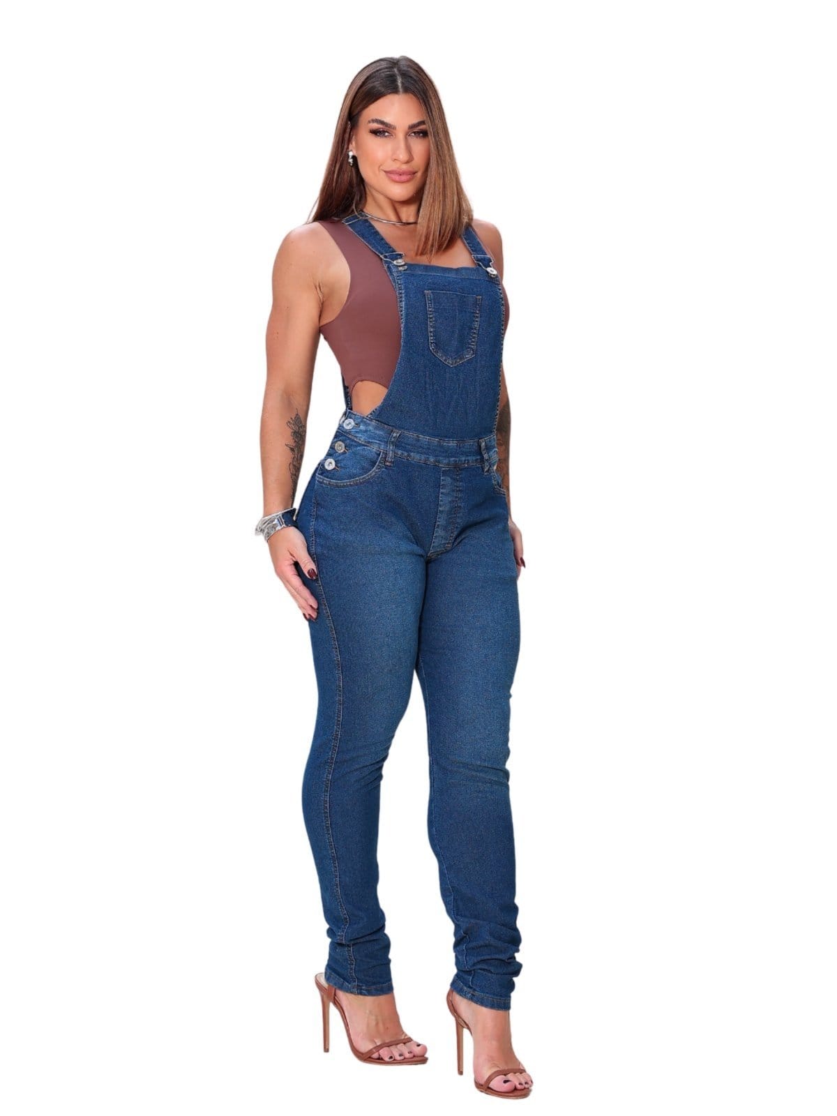 Macacão Jardineira Feminina Jeans Puído