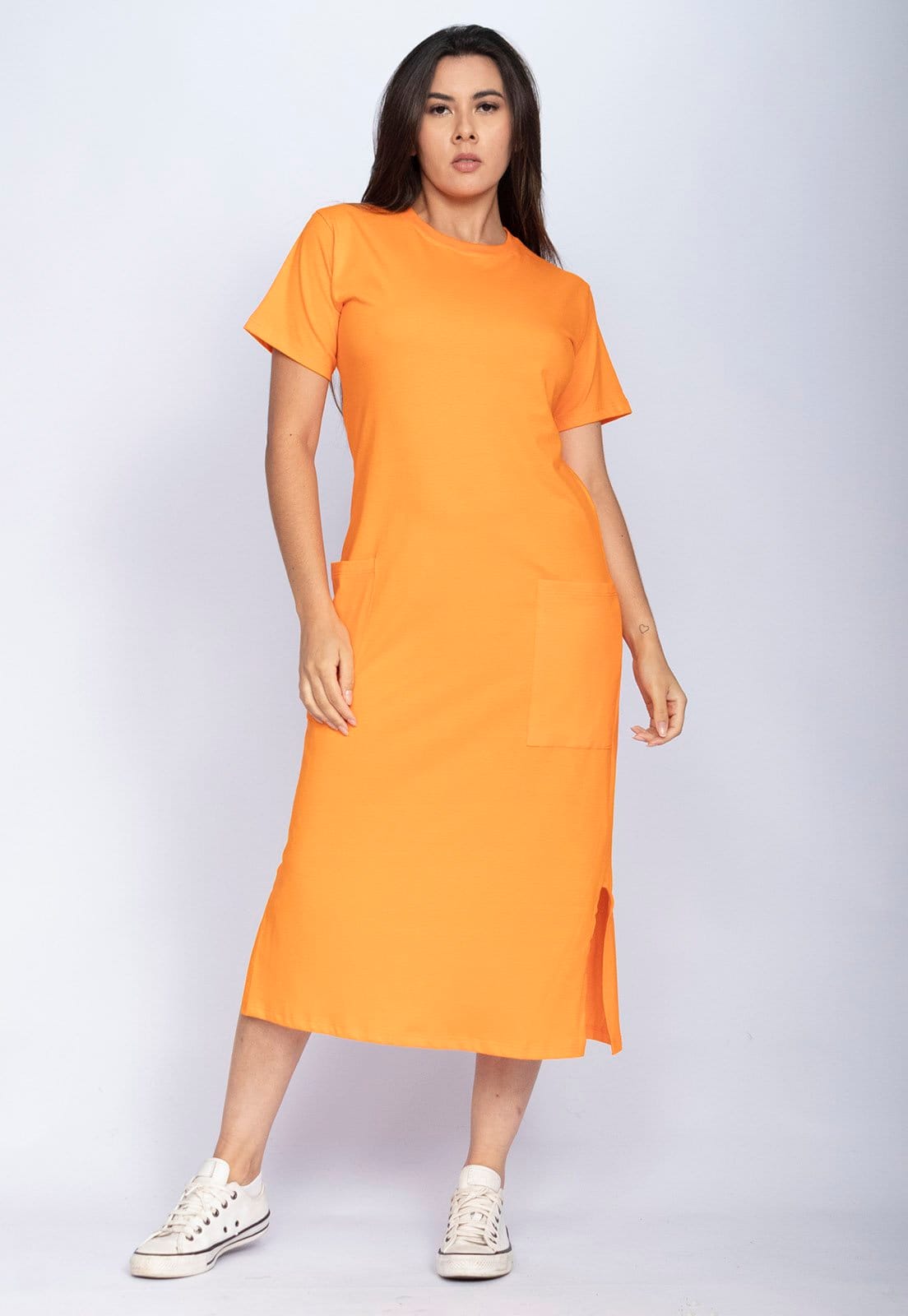 Vista 2 Vestido Cabanafree Midi Easy Algodão Manga Curta Summer Cabanafree laranja