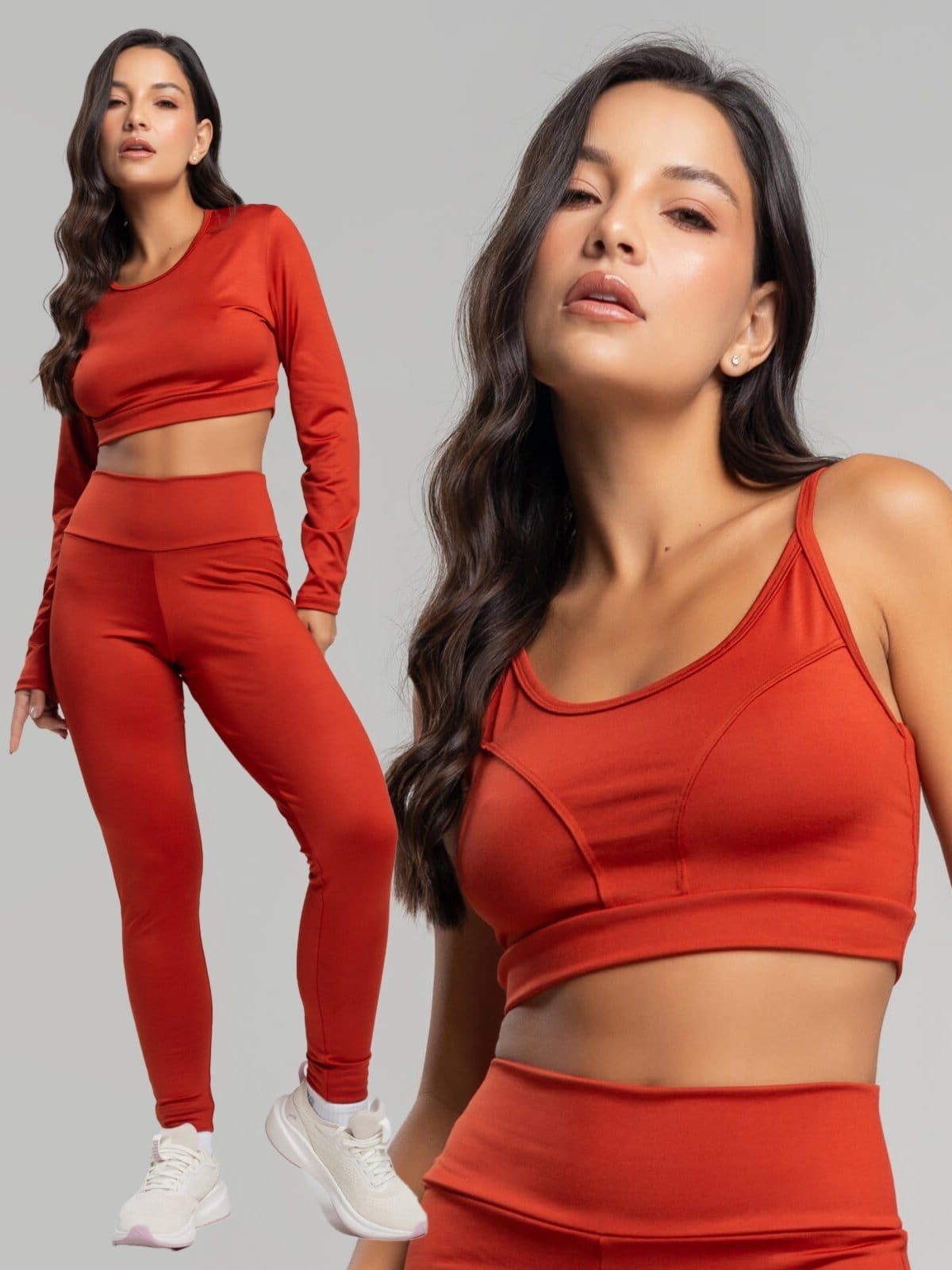 Conjunto Fitness Vicbela Calça Legging + Cropped Manga Longa + Top Alcinha Suplex Moda Fitness Academia Terracota