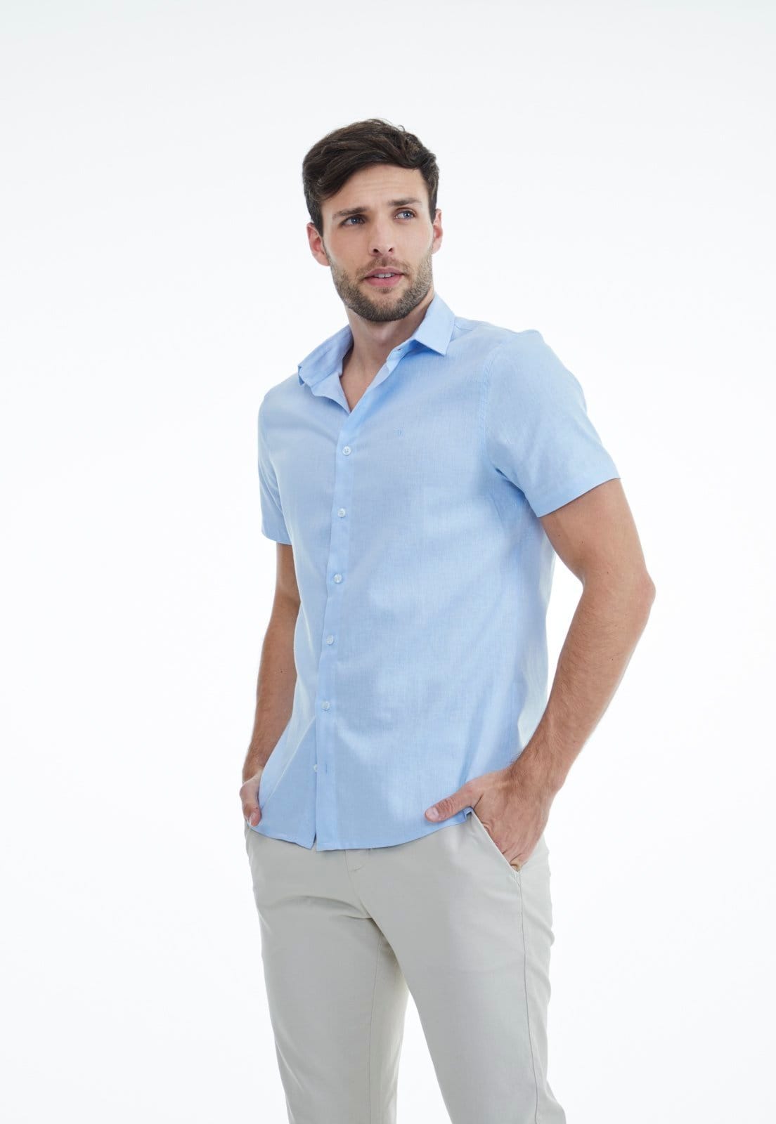Camisa Linho Traymon Slim Manga Curta Claro