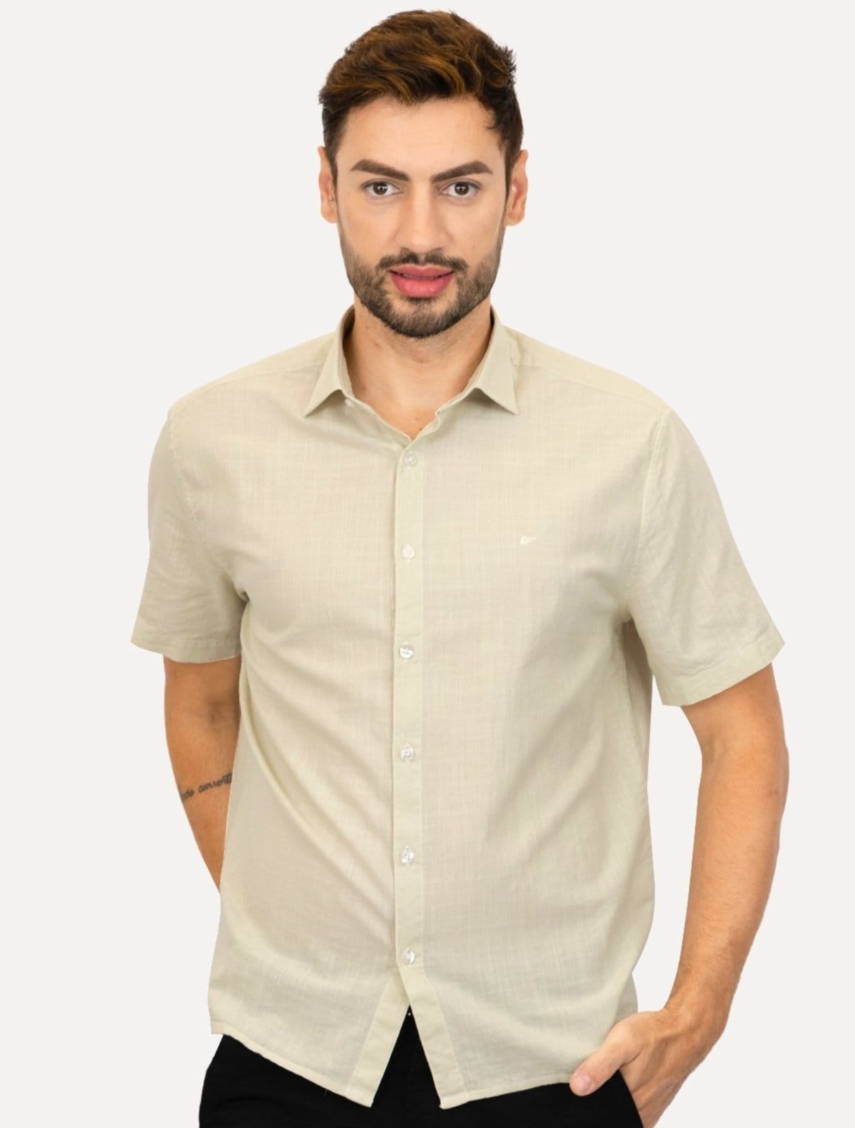 Camisa Ellus Masculina Regular Manga Curta Linen Like Surf New Italian Claro