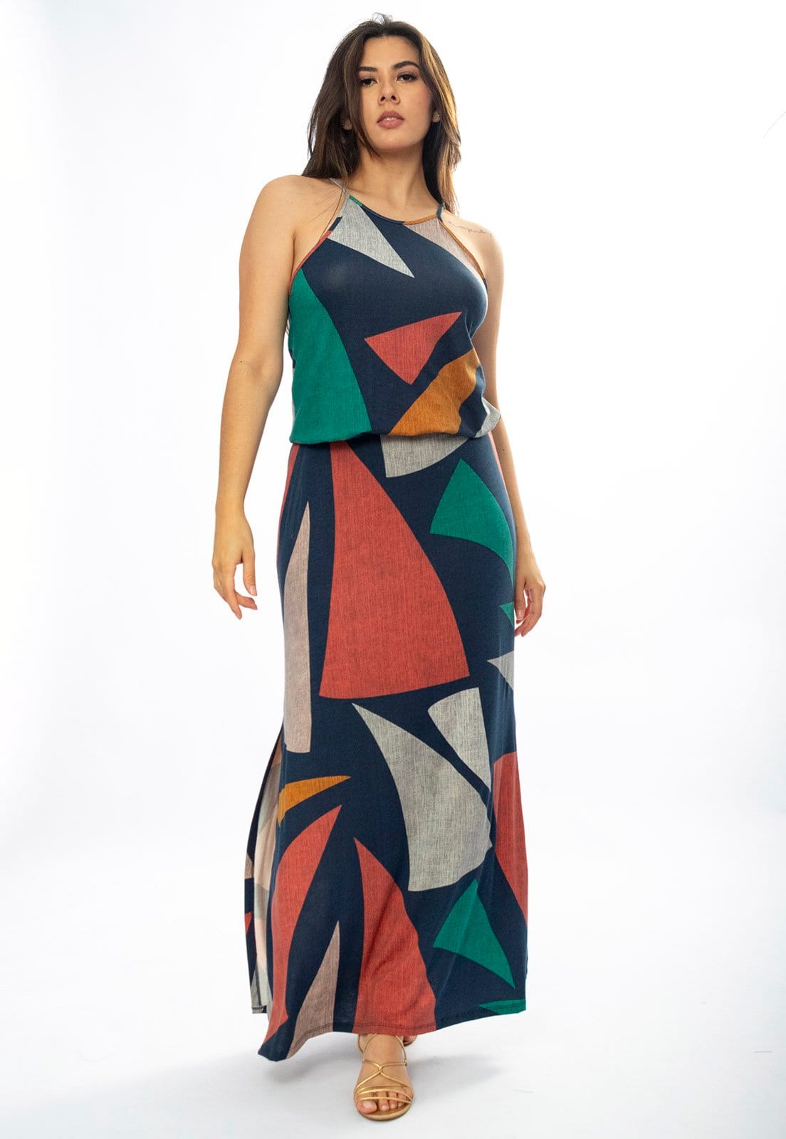 Vista 2 Vestido Longo Amazônia Vital Malha Trapézio com Elástico na Cintura Geometrias do Tempo Amazonia Vital cinza/verde/vermelho