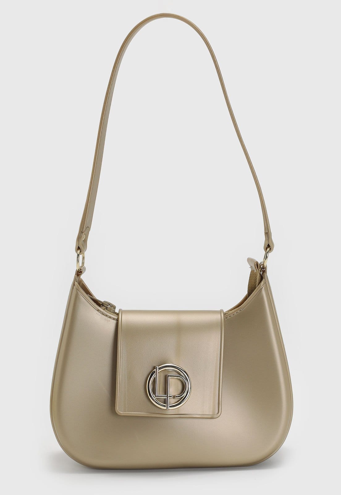 Bolsa Média Feminina Lança Perfume Acabamento Metalizado Dourada