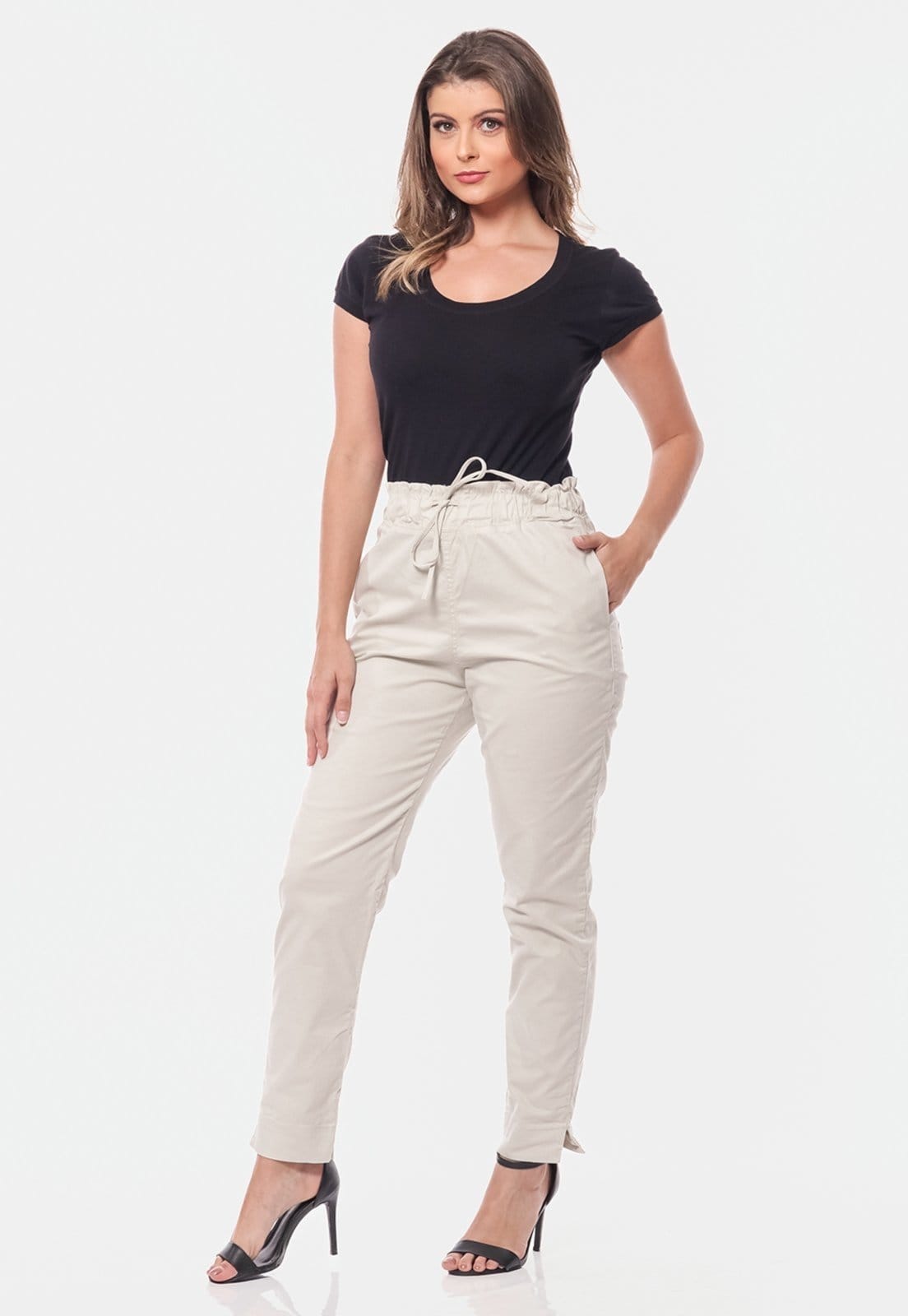 Vista 2 Calça Sarja Skinny Cintura Alta Elástico 3821 Macaw bege