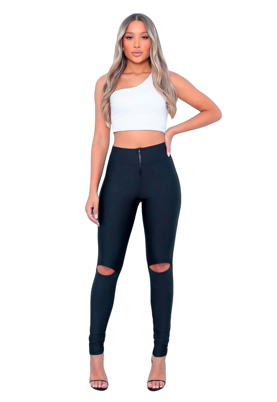 Legging Leg Suplex Ywc Ind Ponto Roma Calça Cós Alto Detalhe Rasgo no Joelho
