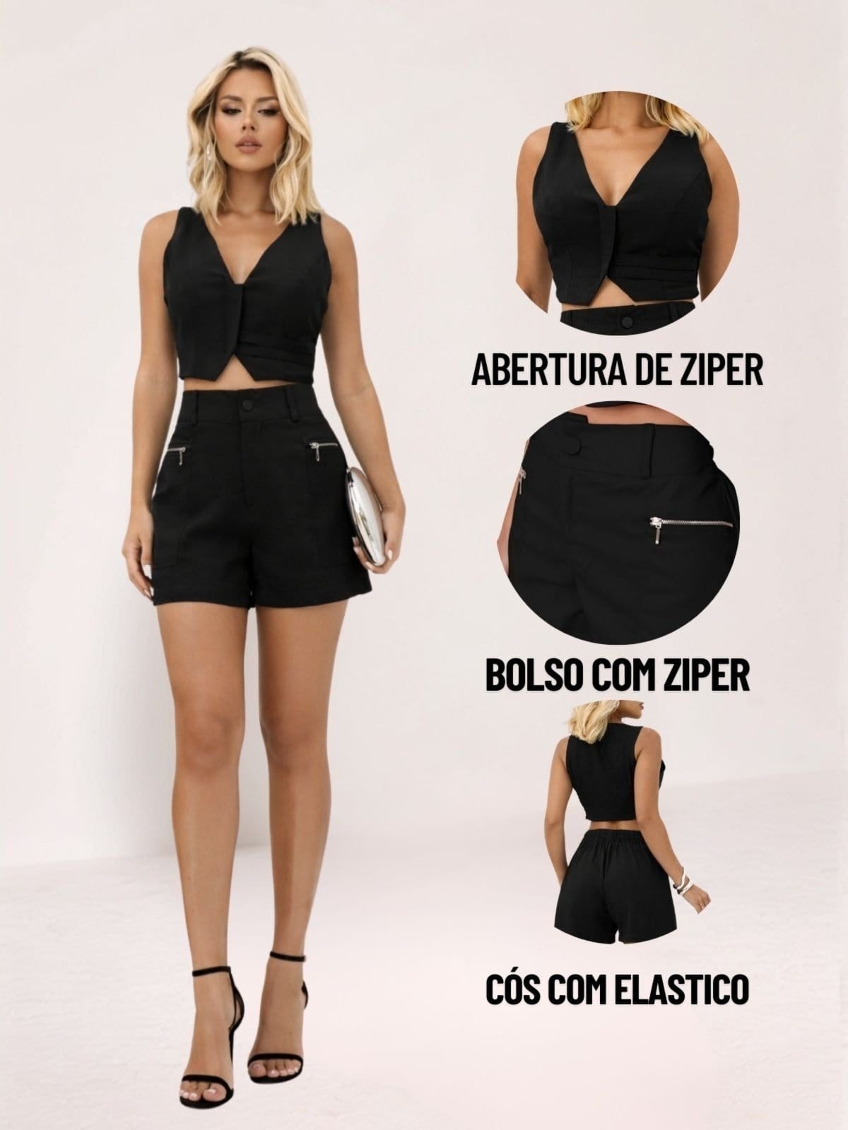 Vista 2 Conjunto Feminino Curto Tropical Fashion Cropped Colete e Shorts nv TROPICAL FASHION preto