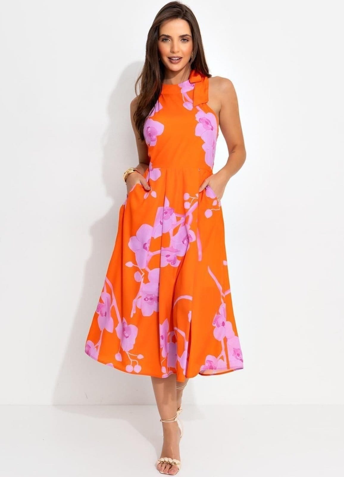 Vista 2 Vestido Feminino Floral Orquídeas Em Crepe Plano Quintess laranja