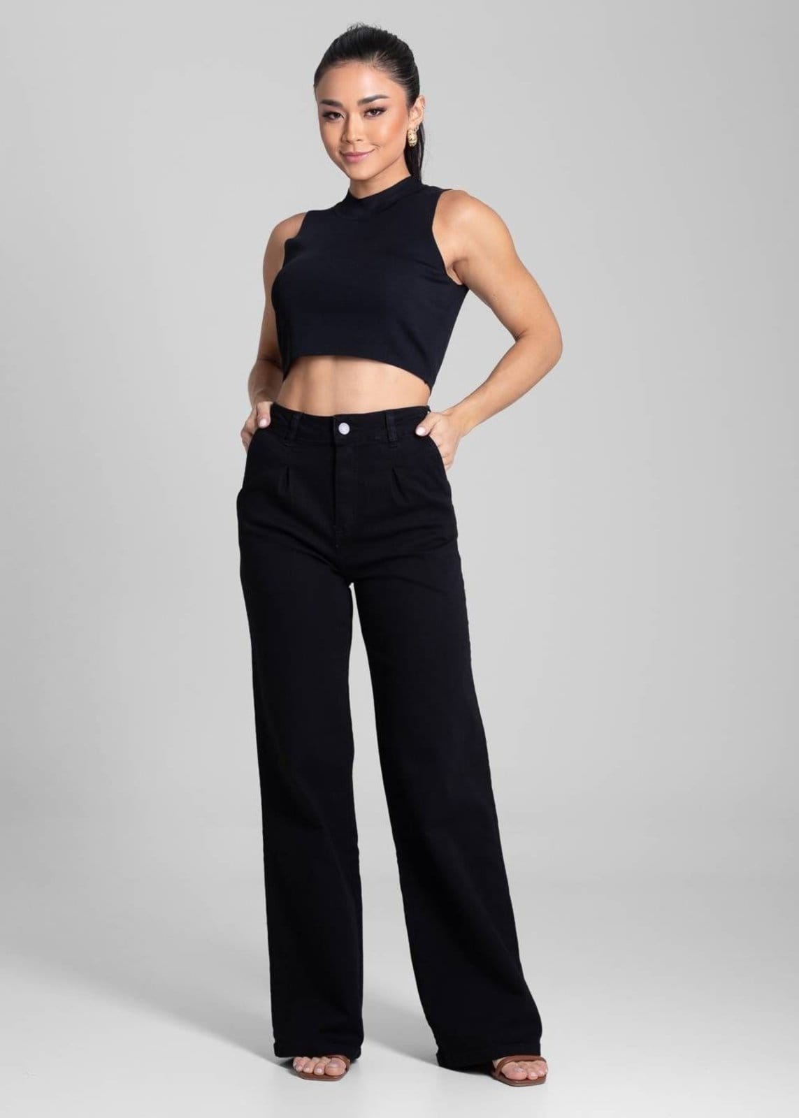 Vista 2 Calça Sarja Sawary Wide Leg - 281791 Sawary preto