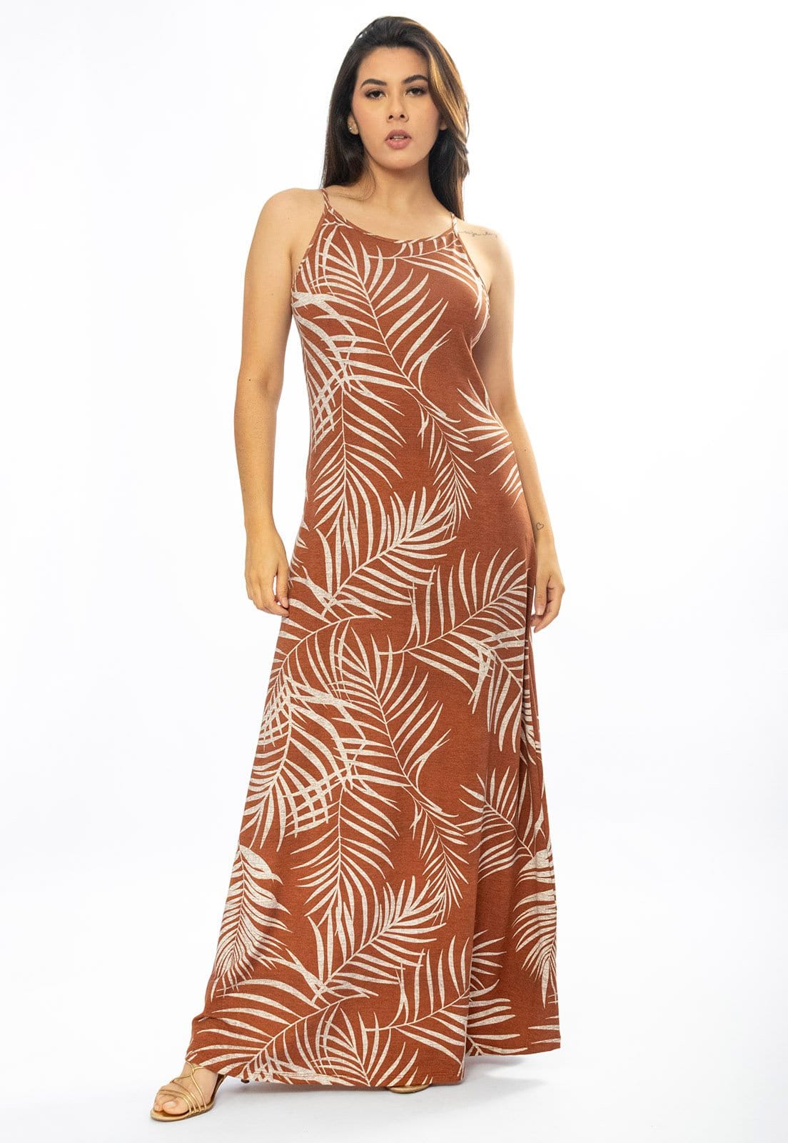 Vestido Longo Cabanafree Malha Trapézio Palmas da Terra