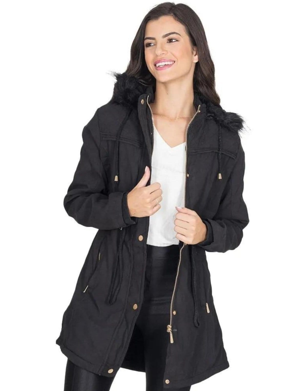 Jaqueta para Inverno Parka Sherpa Forrada com Capuz Removível Cia do Vestido Preta