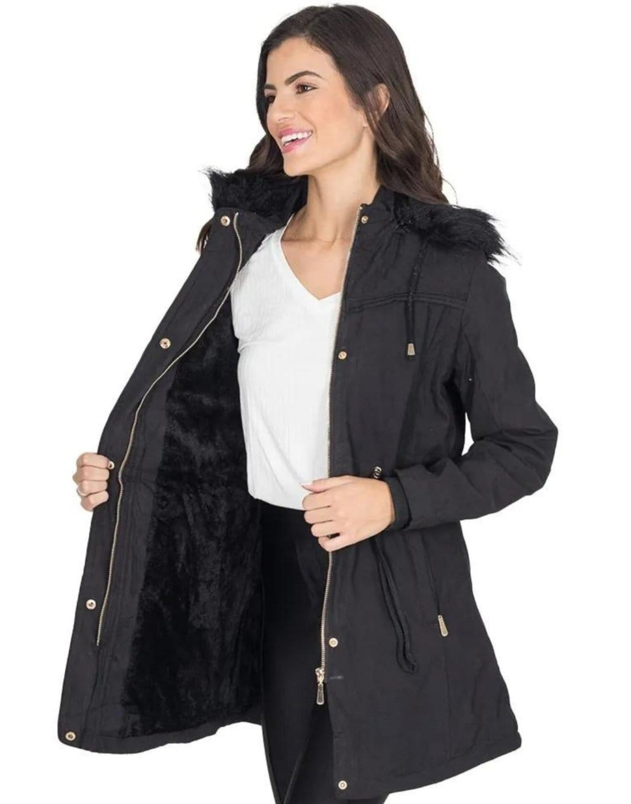 Vista 2 Jaqueta para Inverno Parka Sherpa Forrada com Capuz Removível Cia do Vestido Preta Cia do Vestido preto
