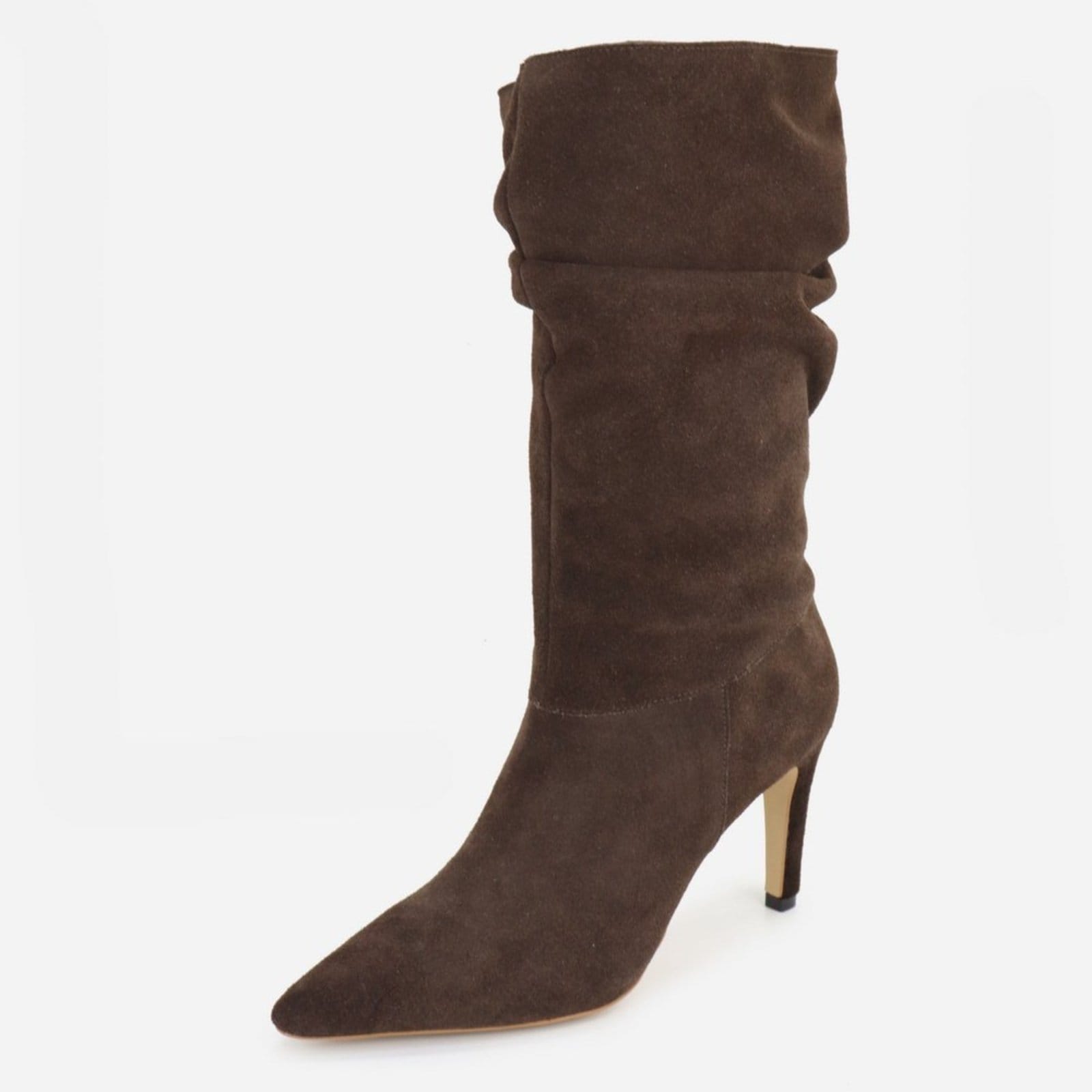 Bota Feminina Salto Fino Bico Fino Enrugada Slouchy Em Couro Maria Paula Camurça Expresso