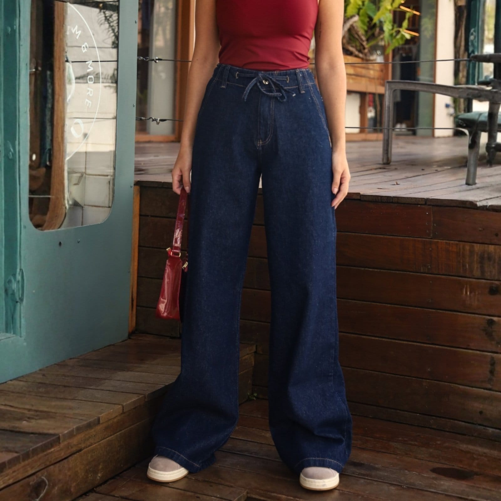 Calça Jeans Wide Leg Cos Com Elastico e Cordão Feminina Revanche Barbalisso