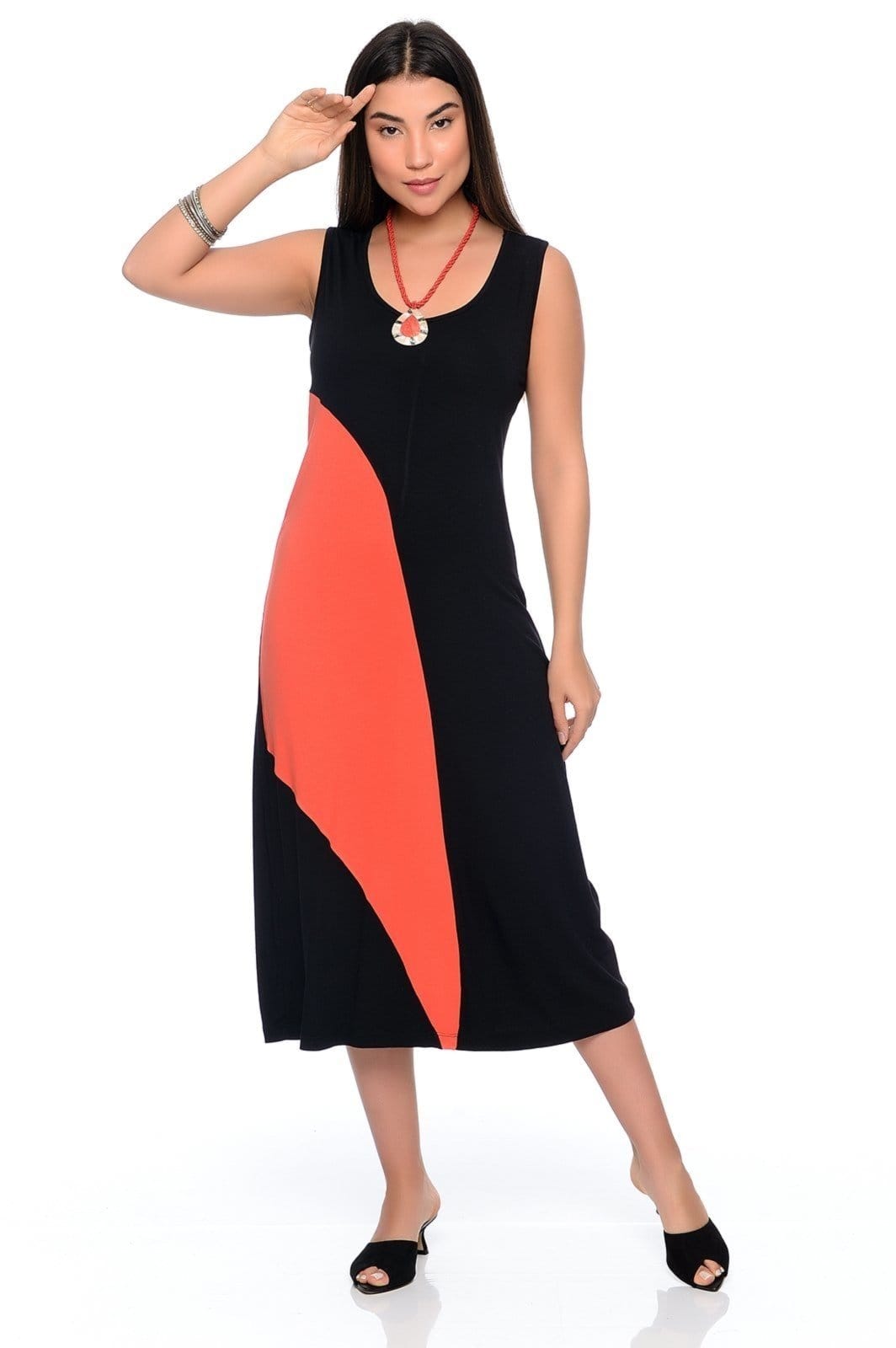 Vestido Midi Alça Larga Regata com Recorte B’Bonnie Lady Preto/Coral