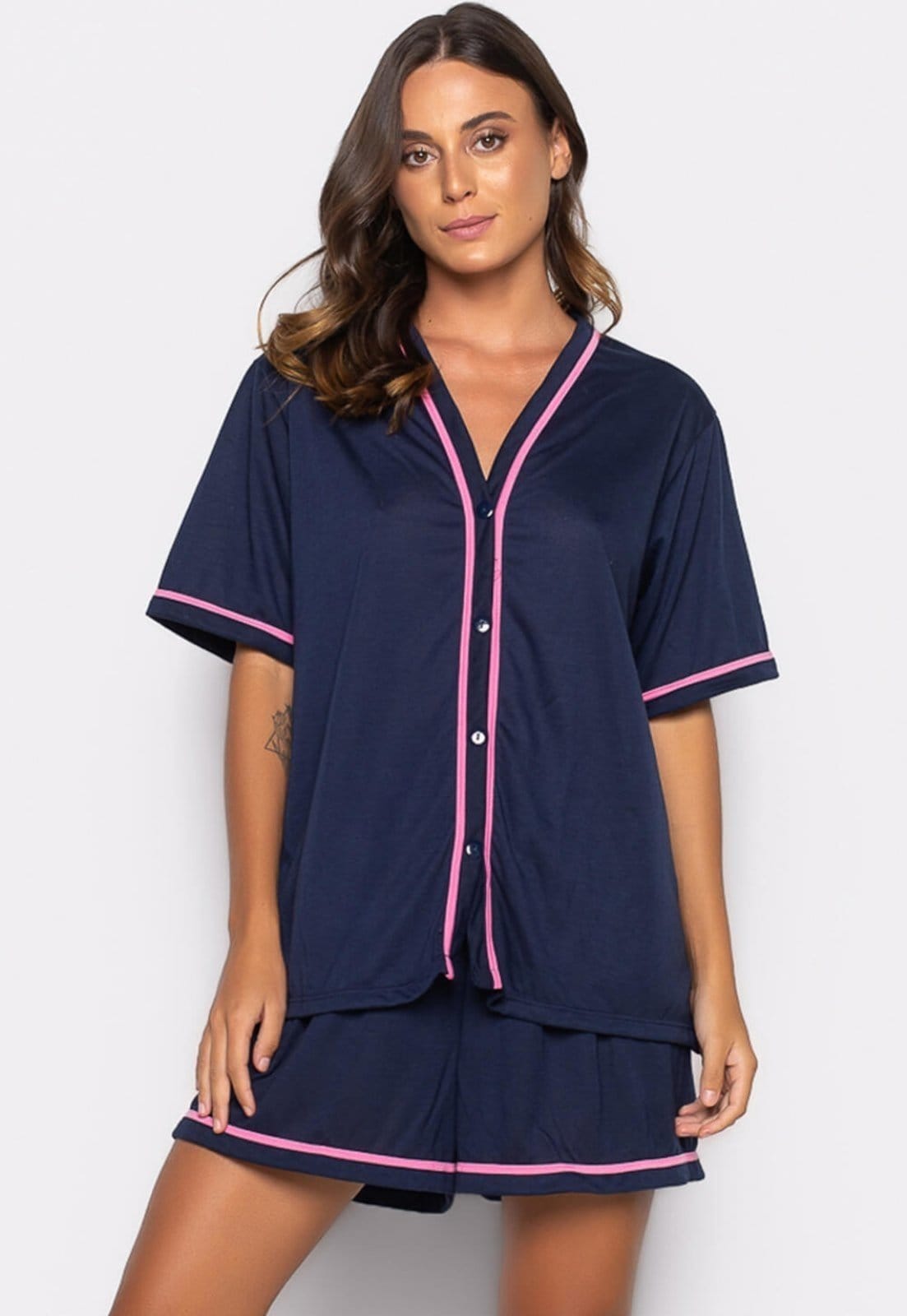 Vista principal Pijama Bravaa Store Curto Baby Doll Americano Blogueirinha Botão Adulto Amamentação 021 Azul BRAVAA STORE azul marinho