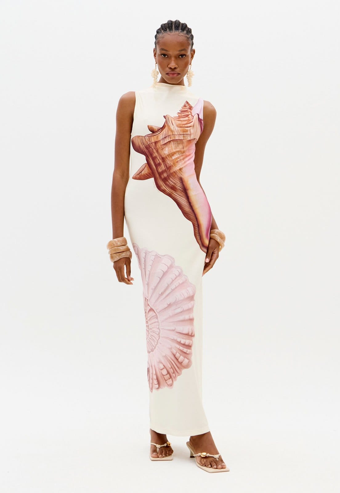 Vestido Feminino Lança Perfume Super Midi Estampa Conchas Off-White