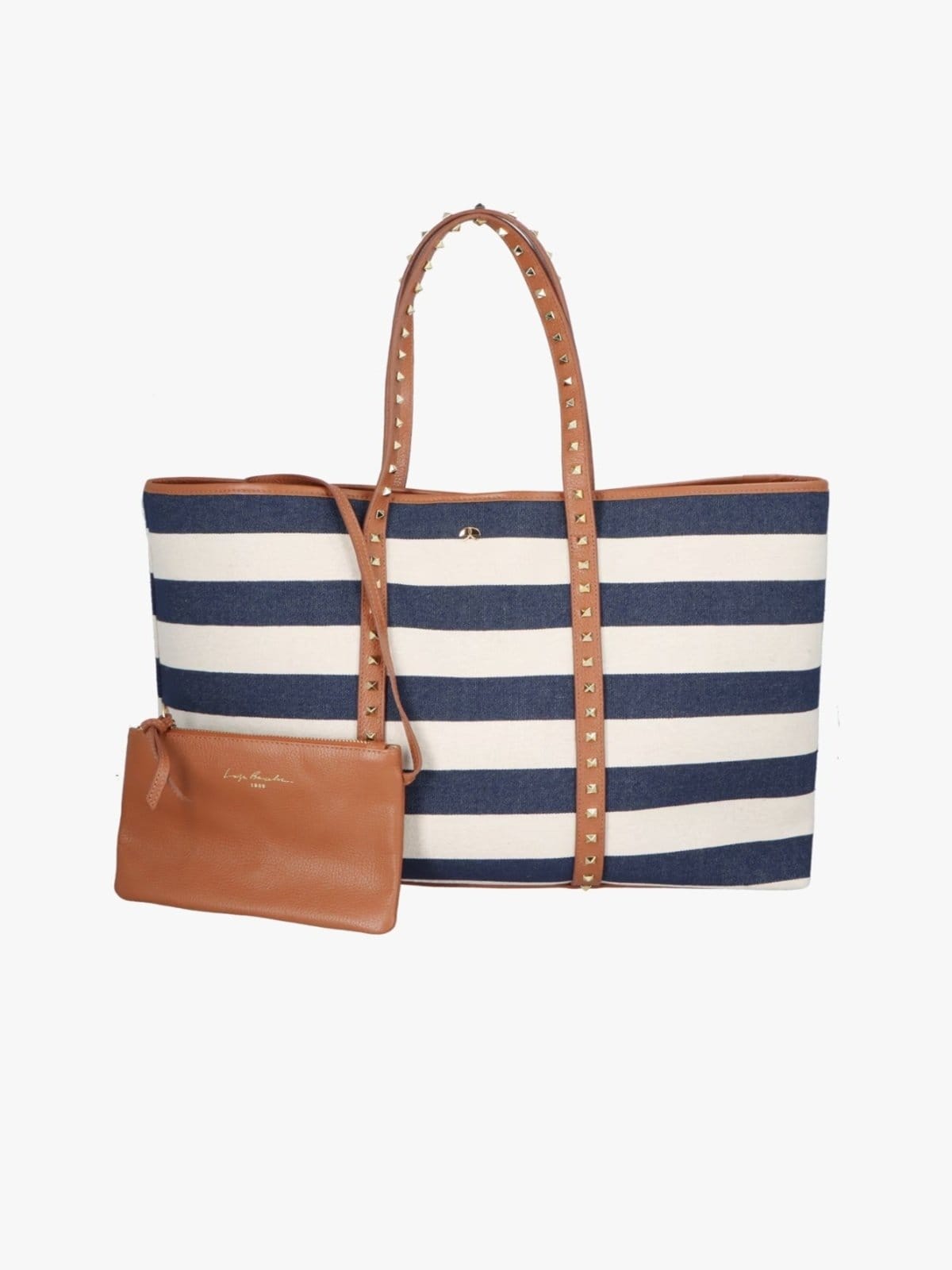 Bolsa Shopping Luiza Barcelos Listras Naval E Couro Caramelo Com Rebite