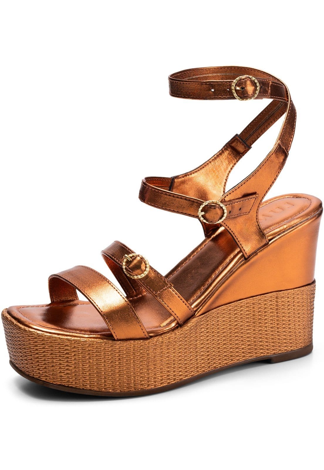 Sandália Feminina Lumiss Anabela Plataforma Alta Confortável Juta Fivelas Metalizado