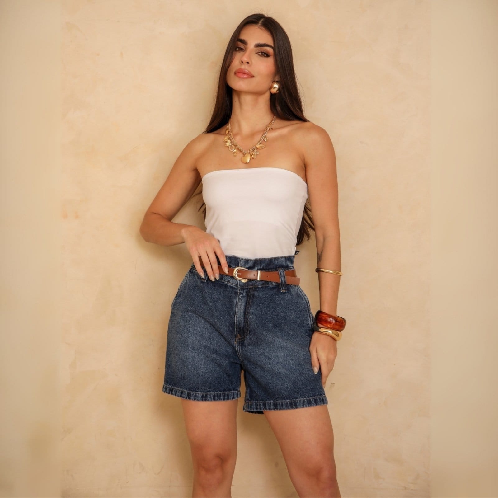 Vista 2 Shorts Jeans Cos Duplo Com Cinto Feminino Revanche Cicilino Revanche unico