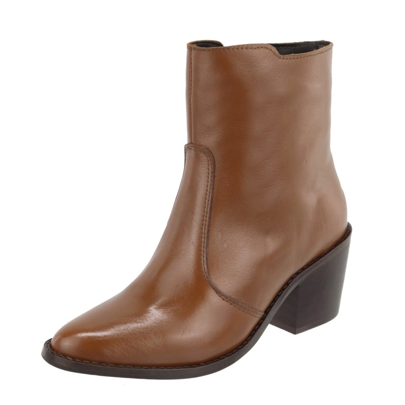 Bota Couro Bico Fino Cano Curto Conhaque