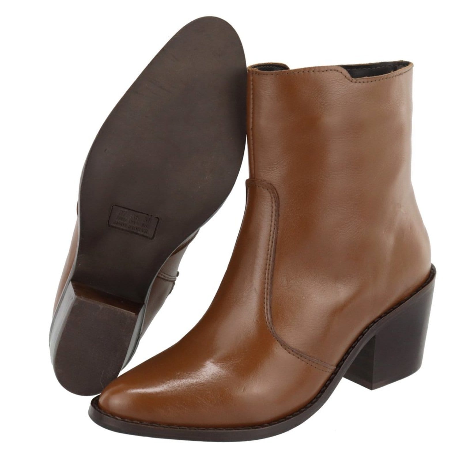 Vista 2 Bota Couro Bico Fino Cano Curto Conhaque TELLINI STORE caramelo