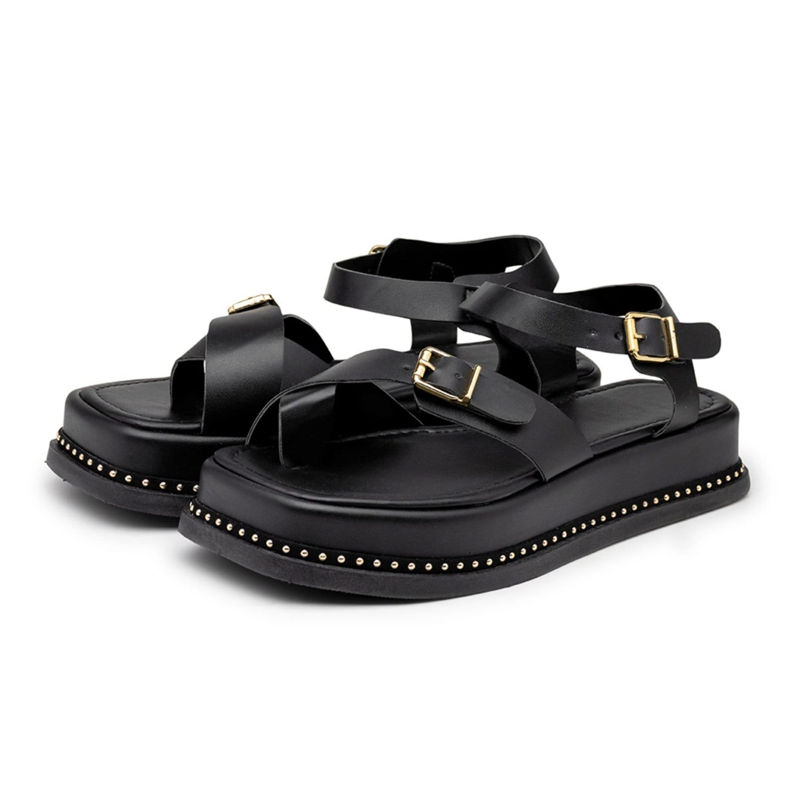 Vista principal Sandália Flatform Feminina Papete Tiras Fivela 23411 Preta Flor da Pele preto