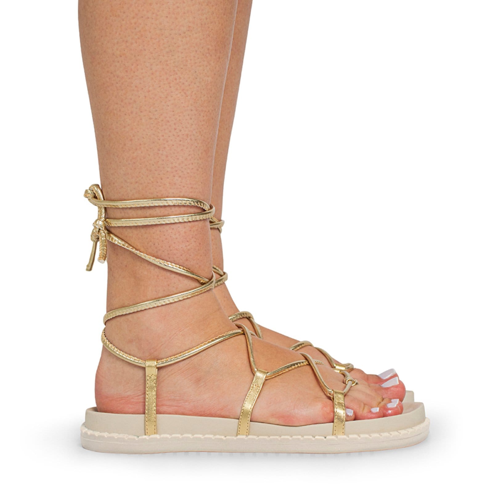 Vista 2 Sandália Feminina Papete Flatform Amarrar Perna Resistente Confortável ÉPICO CALÇADOS dourado