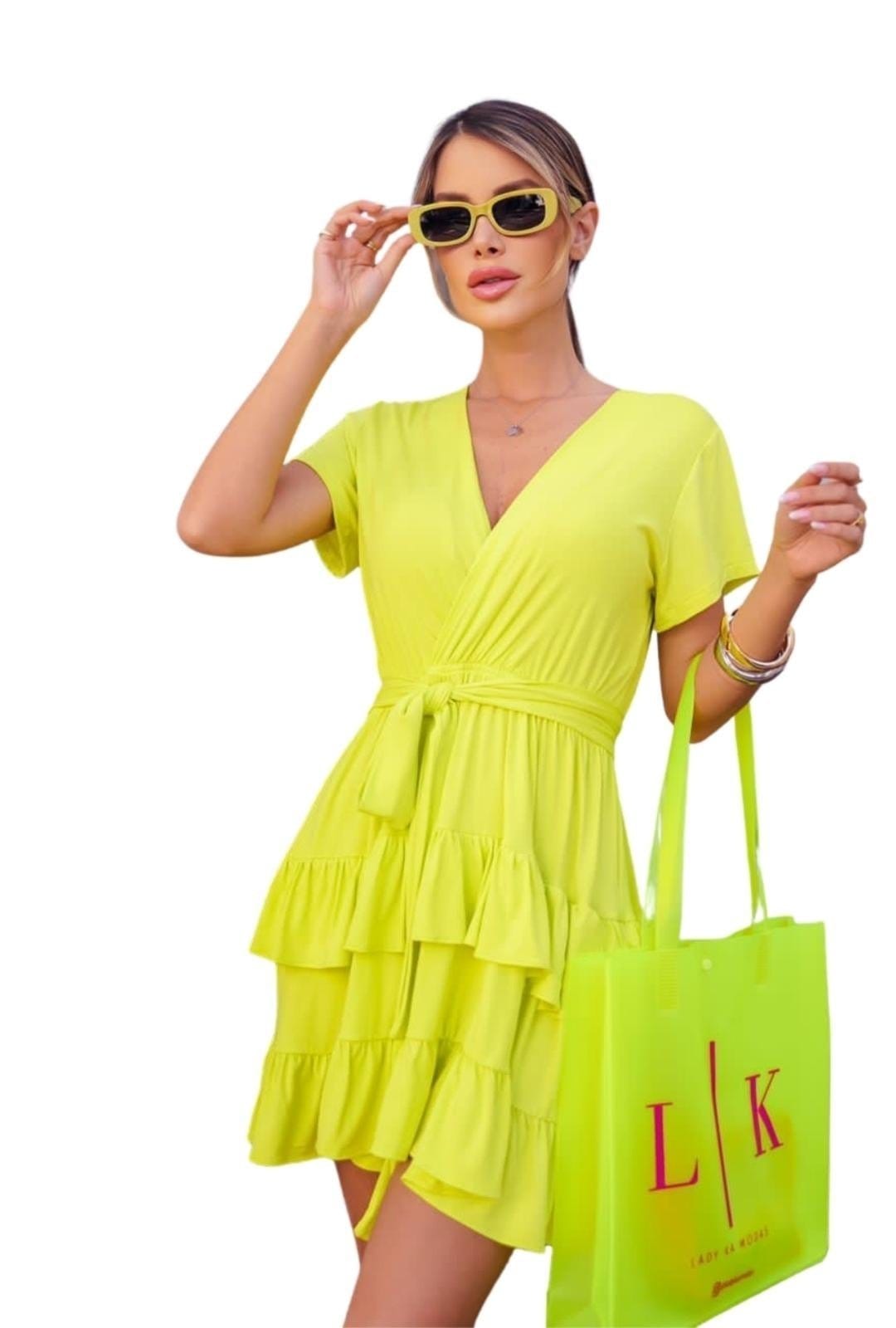 Vista 2 Vestido Curto Viscose Babados Lady Cia do Vestido amarelo