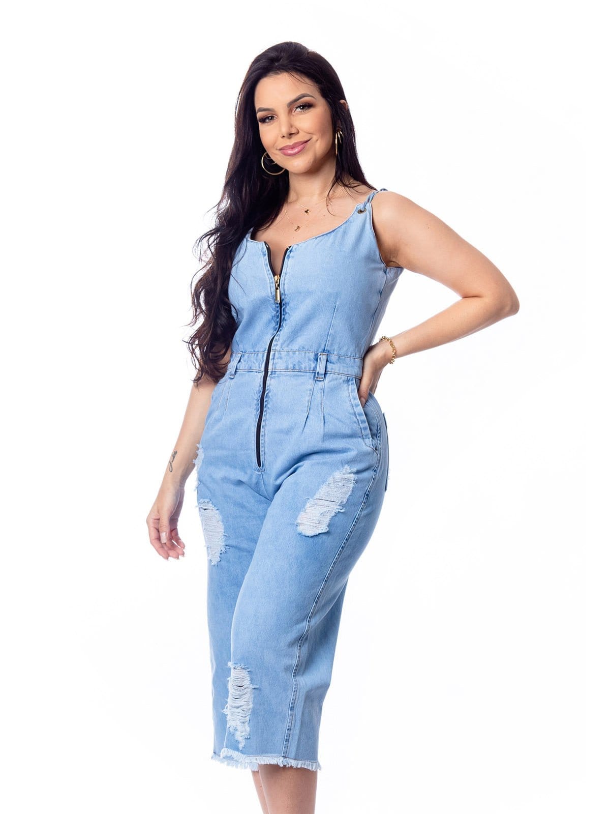 Vista 2 Macacão Pantacourt Restrito Jeans Pantacourt Com Zíper Restrito Jeans azul