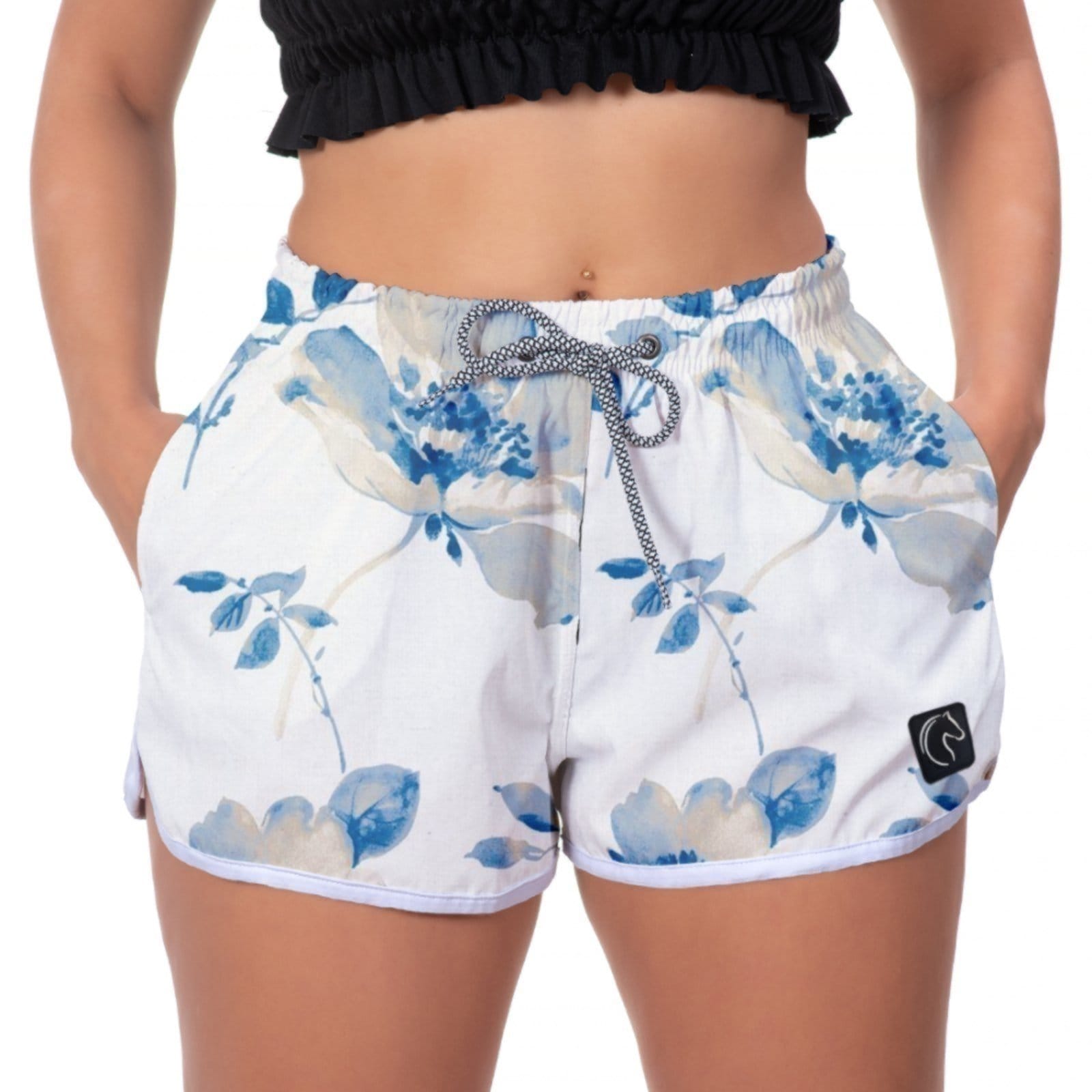 Short Feminino W2 Premium com Elástico e Cordão Ajustável Bolsos Laterais e Secagem Rápida Casual Praia ou Academia Flores Azuis