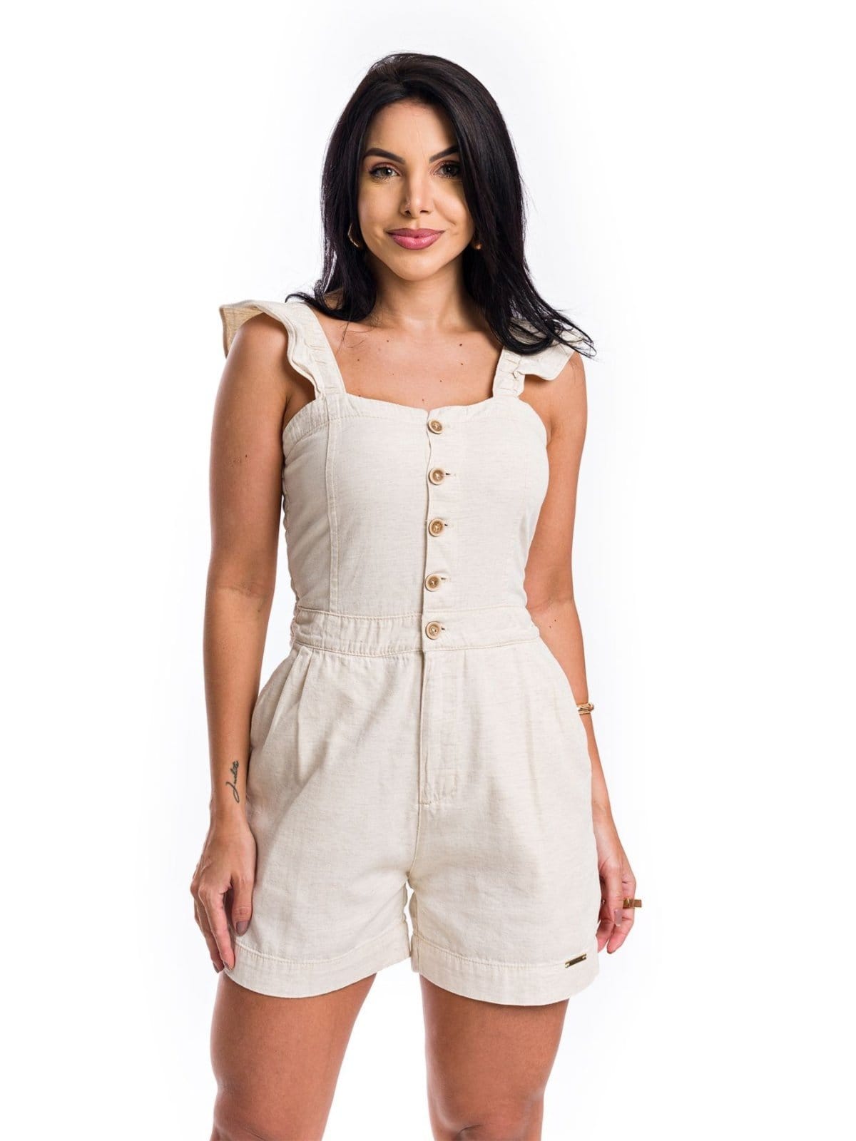 Vista principal Macaquinho Restrito Jeans Curto de Linho com Lastex - AREIA Restrito Jeans bege