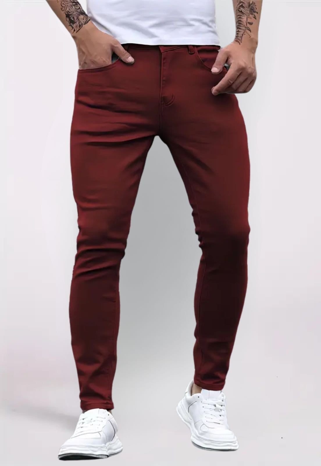 Vista 2 Calça Masculina de Sarja 5 Estilos Alfaiatada Skinny com Elastano 5 ESTILOS vinho
