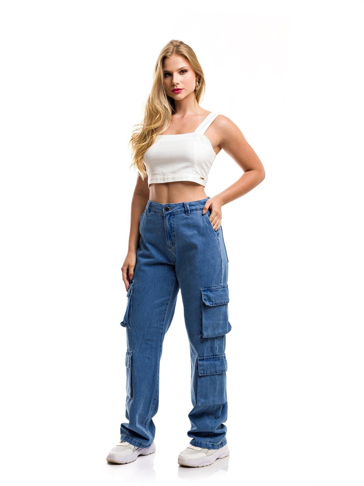 Vista 2 Calça Restrito Jeans Cargo Wide Leg Jeans com 8 Bolsos Restrito Jeans azul