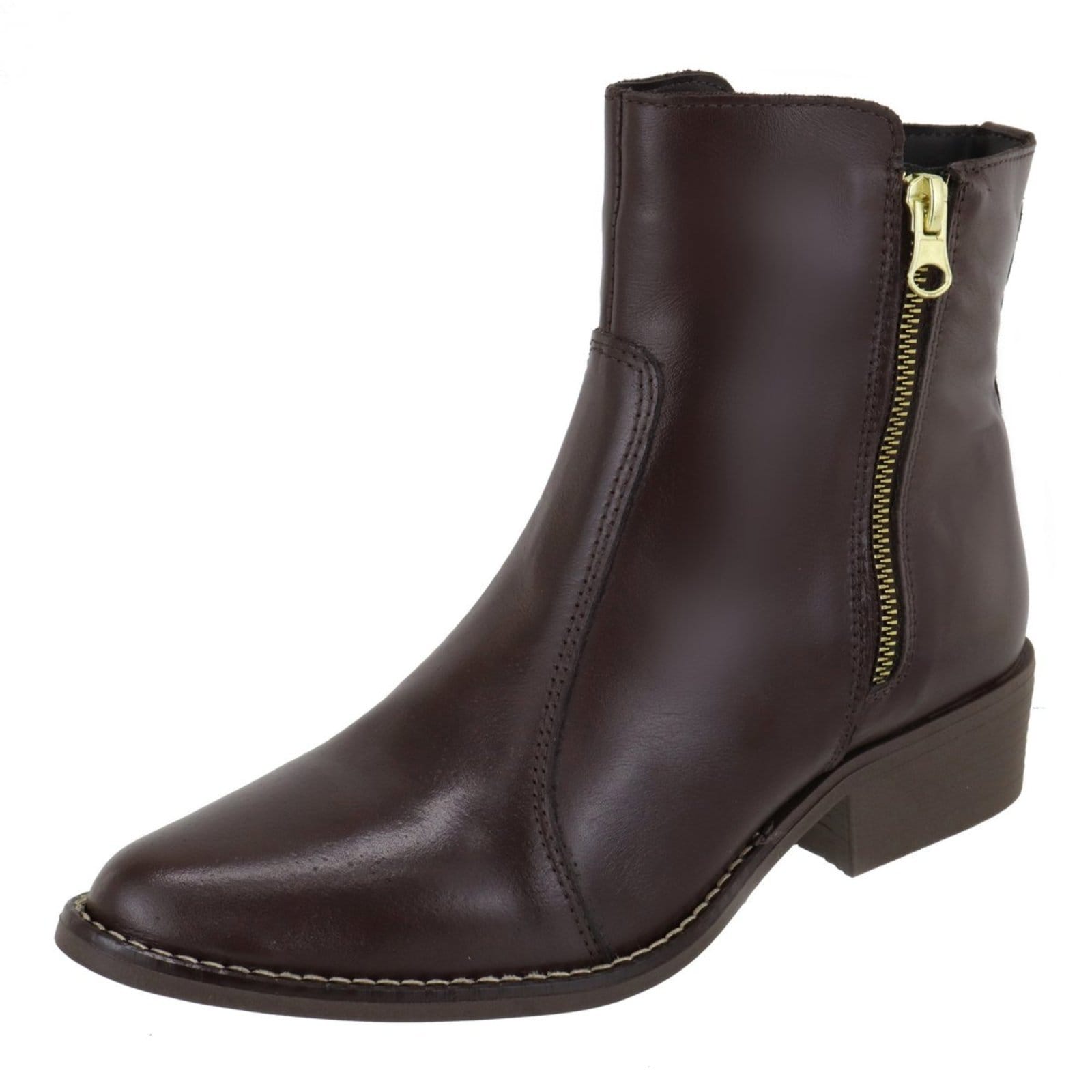 Bota Feminina Cano Baixo Bico Fino Couro Chocolate
