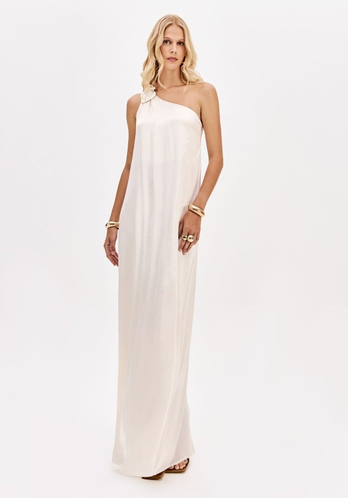 Vestido Longo Acetinado Ombro Único Com Aviamento