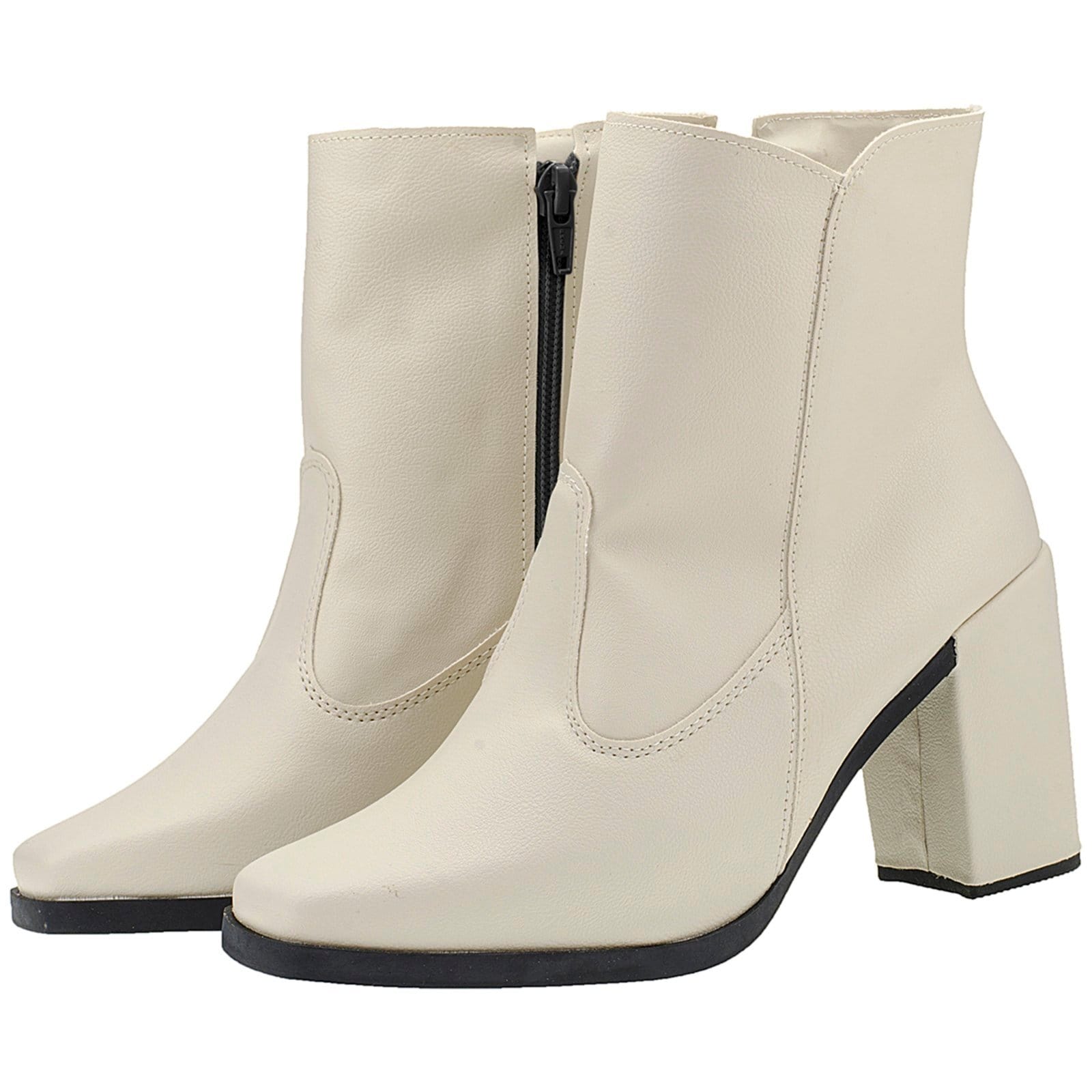 Vista 2 Bota Feminina Bico Quadrado Salto Alto Grosso Cotorno Cano Médio Confortavel Ziper Off White CIA DOS PASSOS bege white