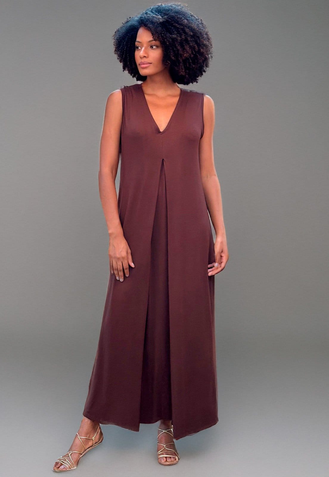 Vista 2 Vestido Amazonia Vital Longo Acará Malha Amazonia Vital marrom