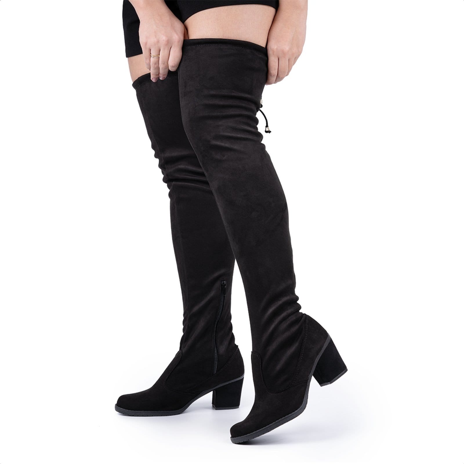 Vista 2 Bota Domidona Salto Over The Knee Acima Do Joelho Camurça Stretch Preta Domidona preto